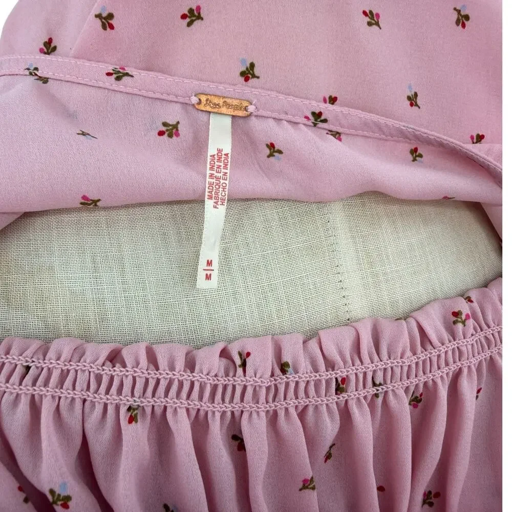 Free People Adore You Blouse Bleached Mauve Floral Smocked Pink Size Medium